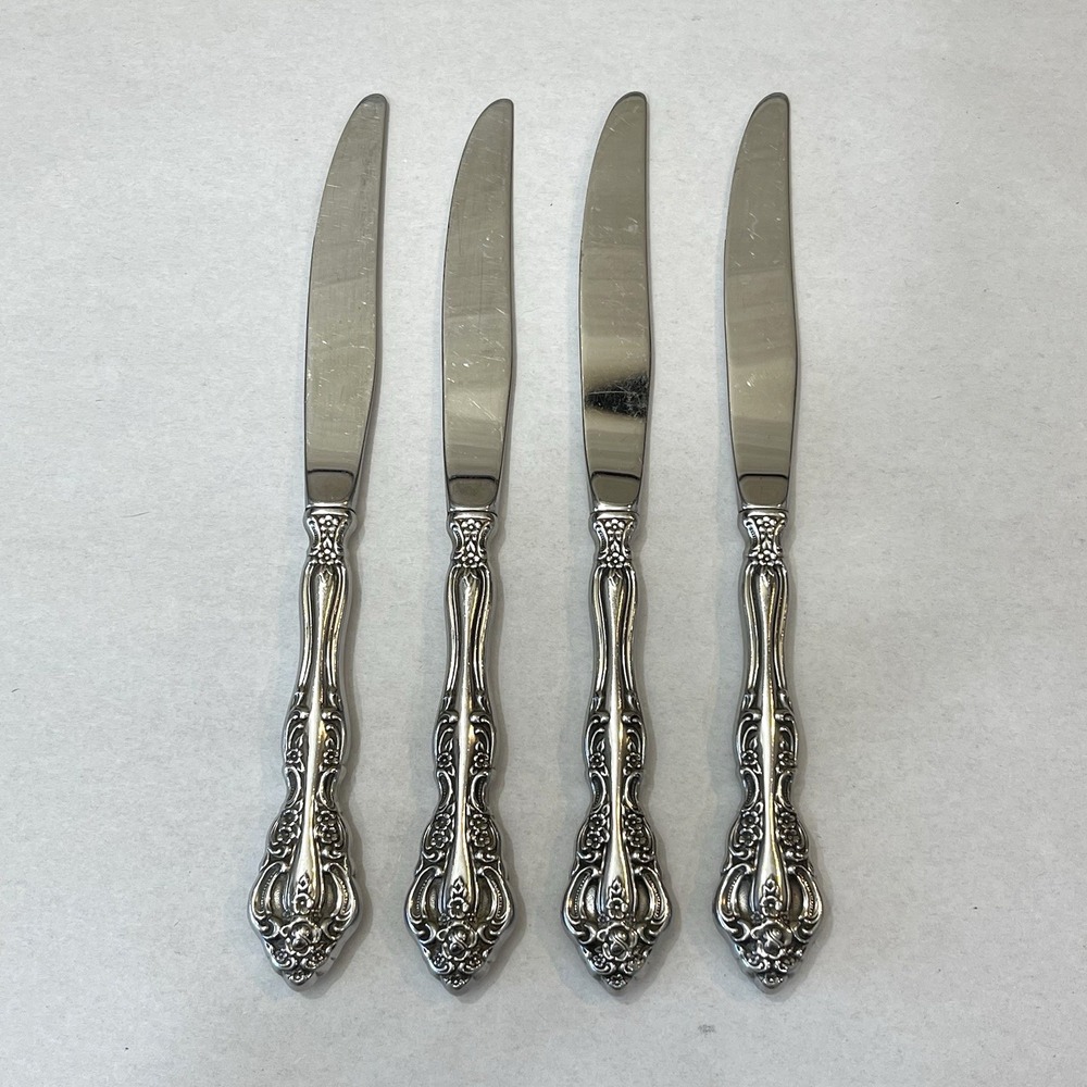 Set 4 Oneida Michelangelo Dinner Knives Cube Mark Stainless Ornate Flatware 9"